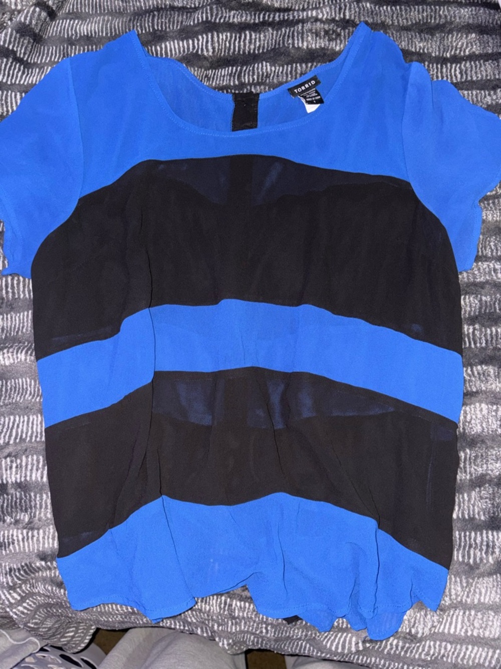 Torrid Blue and Black Striped Sheer Short Sleeve Top